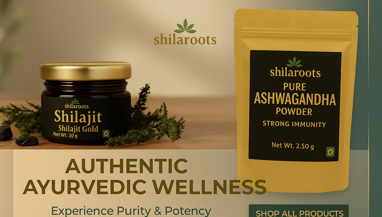 Shilaroots Shilajit Gold and Pure Ashwagandha Powder packaging on a wooden surface with greenery.