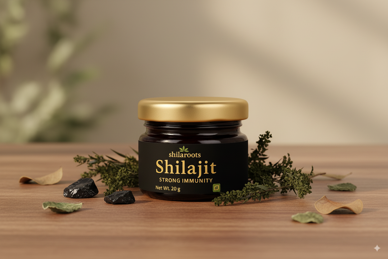 Jar of Shilajit with gold lid on a wooden surface with green leaves and black stones.