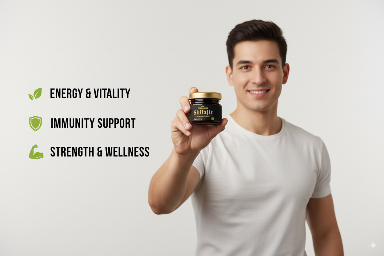 Man holding a jar with Shilajit, listing benefits on a white background