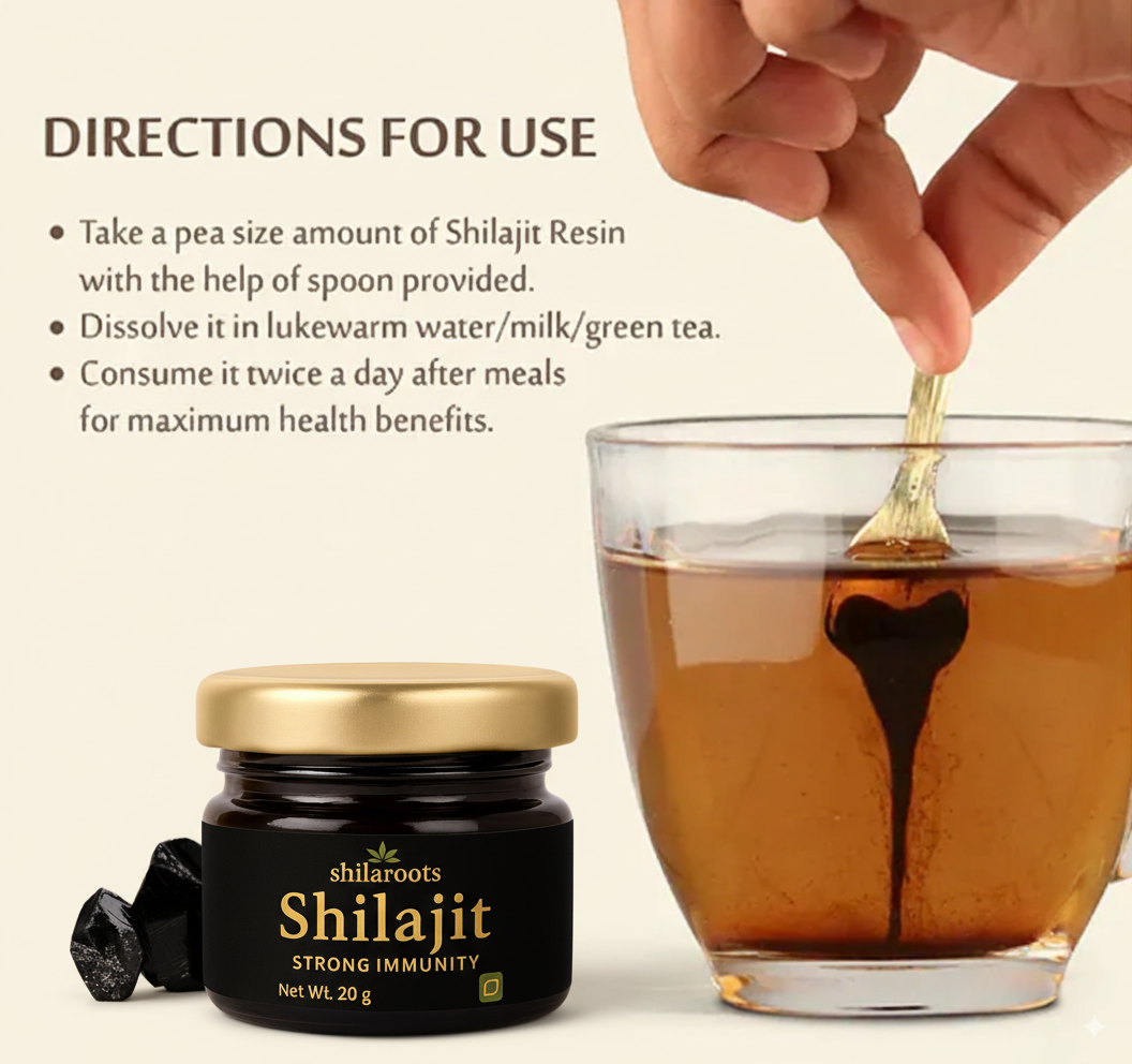 Shilajit resin jar with spoon and glass of liquid, showing usage directions.