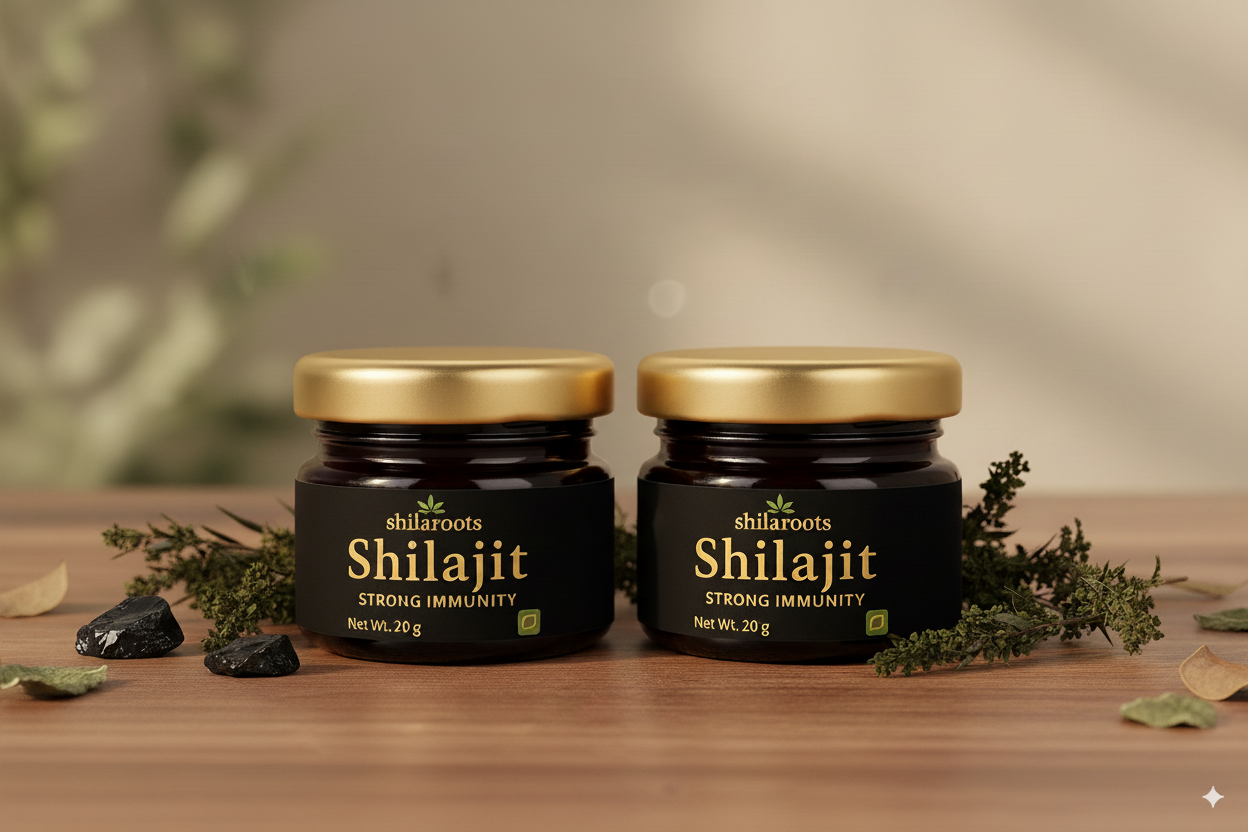 Two jars of Shilajit on a wooden surface with a blurred natural background