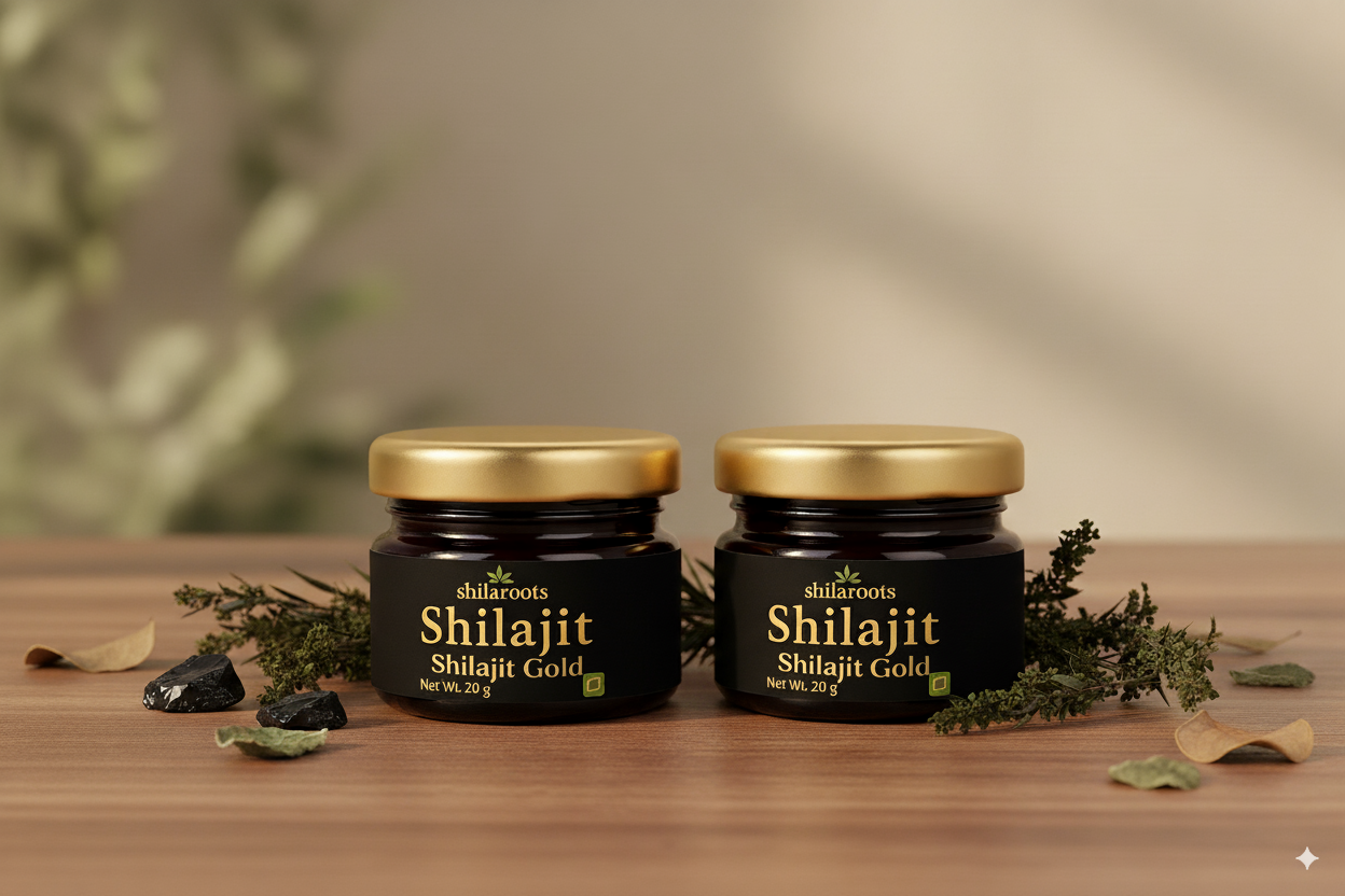 Two jars of Shilajit Gold on a wooden surface with a natural background
