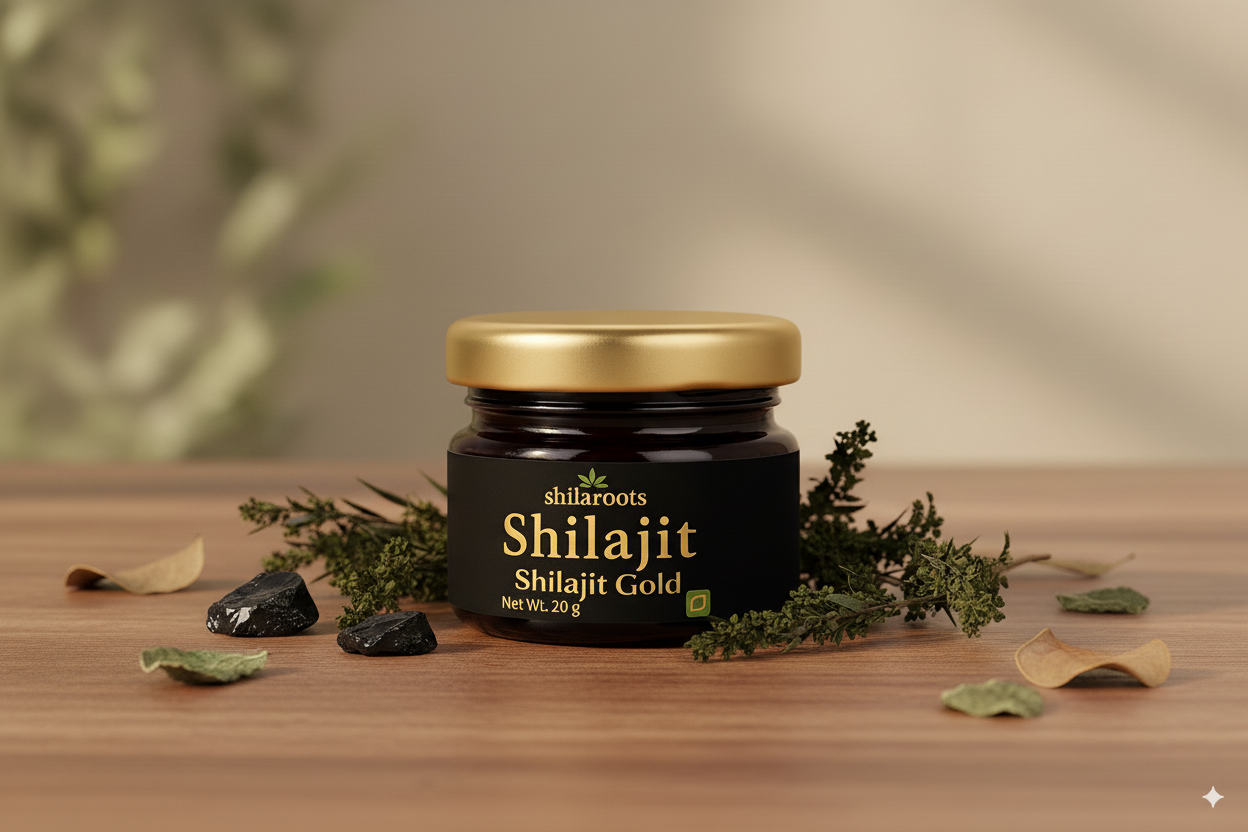 Jar of Shilajit Gold on a wooden surface with herbs and leaves.