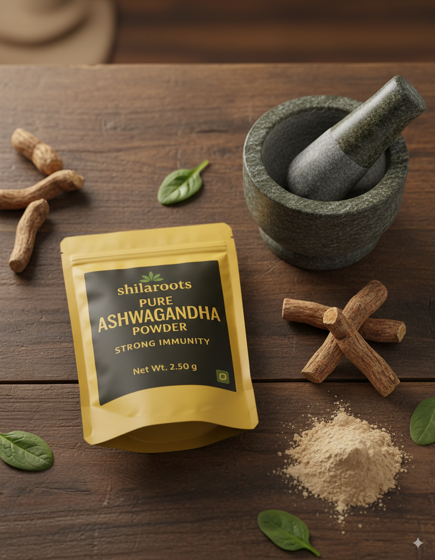 Shilaroots Pure Ashwagandha Powder packaging on a wooden surface with ashwagandha roots and leaves.