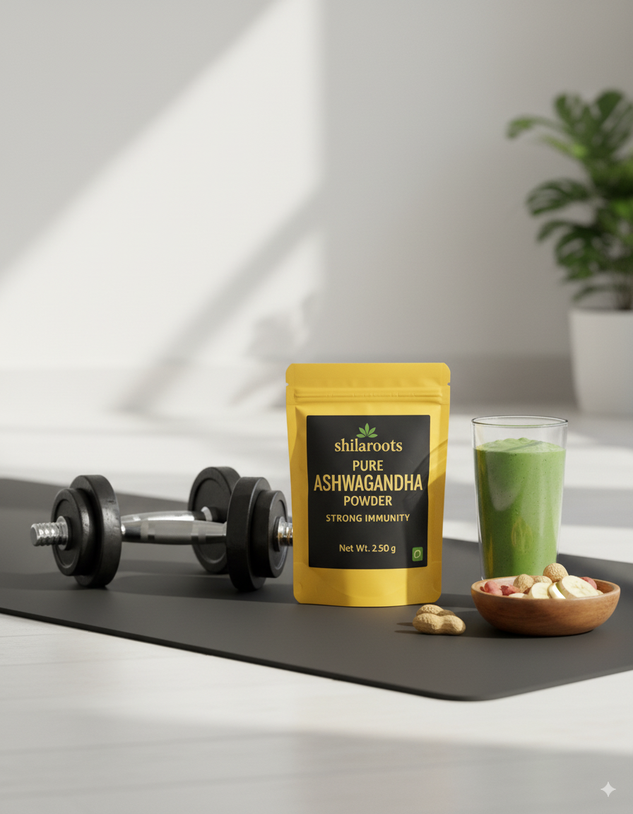 Shilapure Ashwagandha Powder package on a mat with a dumbbell and green smoothie.