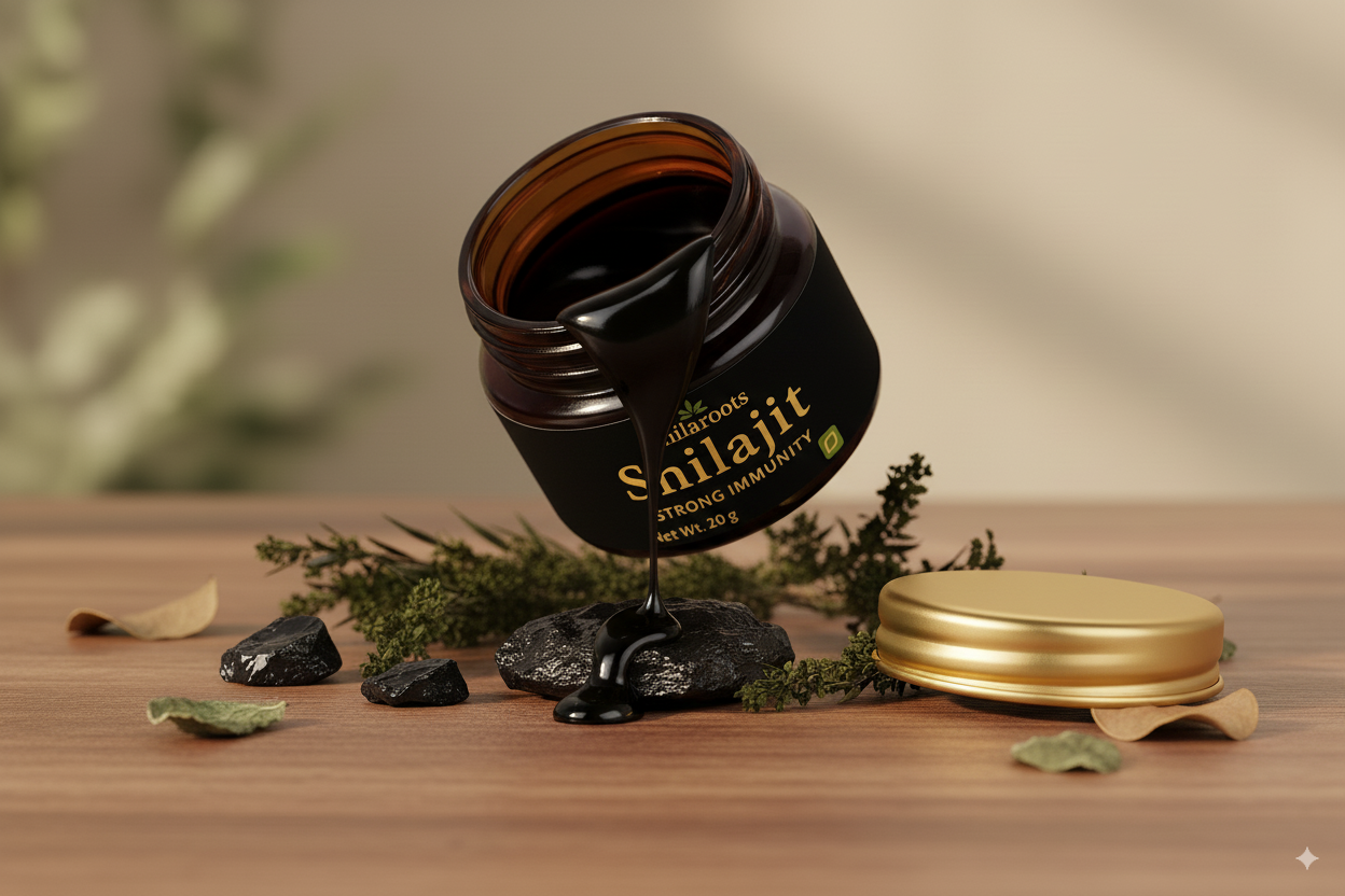 Open jar of Smailajit on a wooden surface with herbs and leaves.