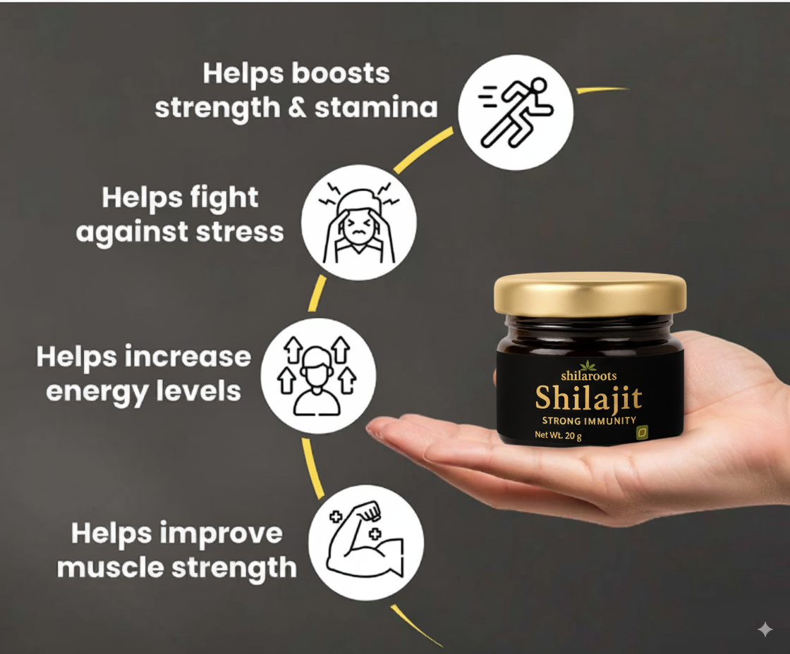 Jar of Shilajit with benefits listed on a dark background