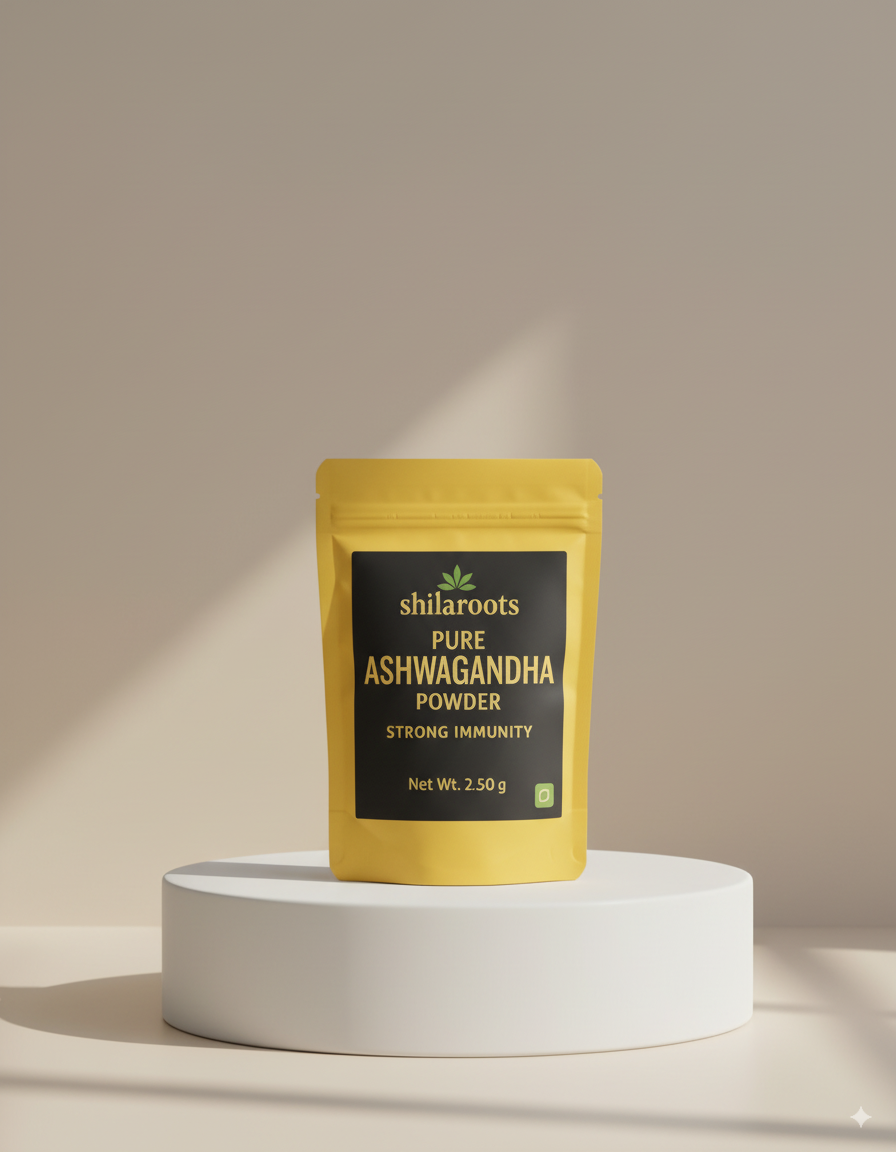 Yellow package of Shilaroots Pure Ashwagandha Powder on a white pedestal with a beige background