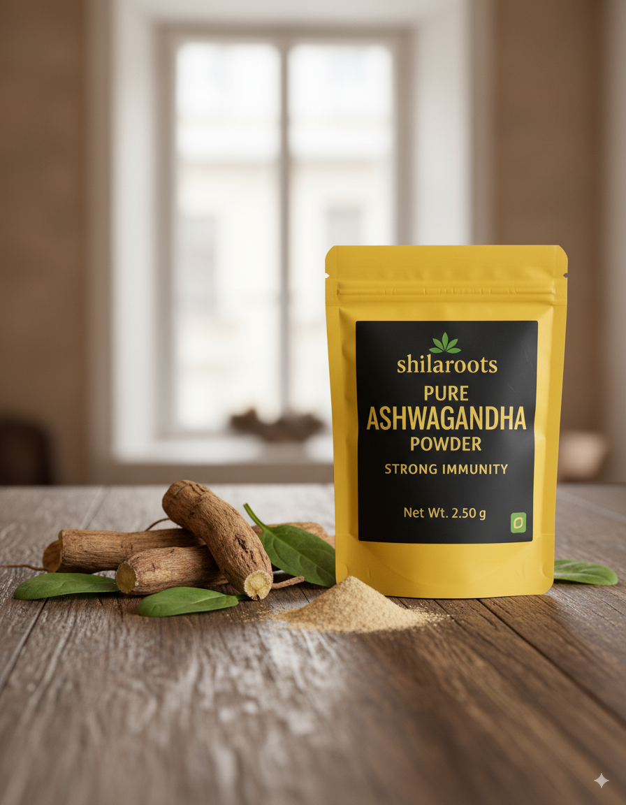 Shilaroots Pure Ashwagandha Powder packaging on a wooden surface with ashwagandha roots and leaves.