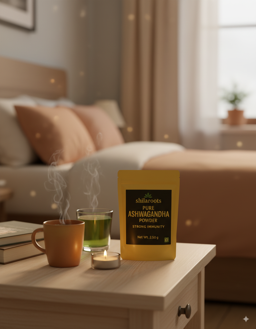 Yellow package of Chikasutra Pure Ashwagandha Powder on a table with a cup and glass in a cozy room.