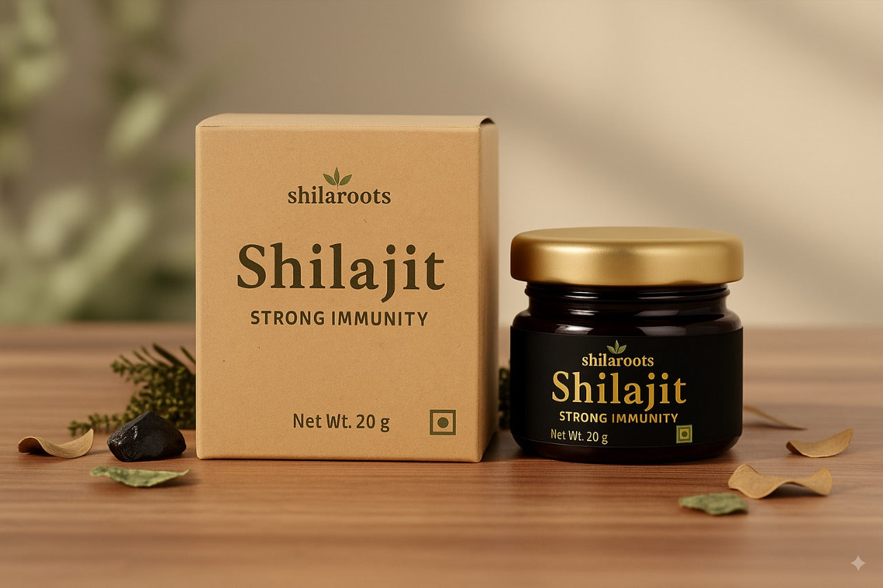 Shilaroots Shilajit packaging on a wooden surface with a blurred natural background