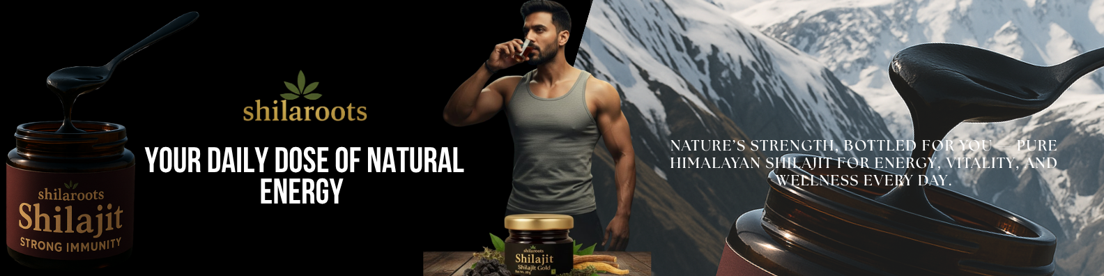 Man with a beard holding a phone, standing next to Shilajit and Shilaroots products with mountain background